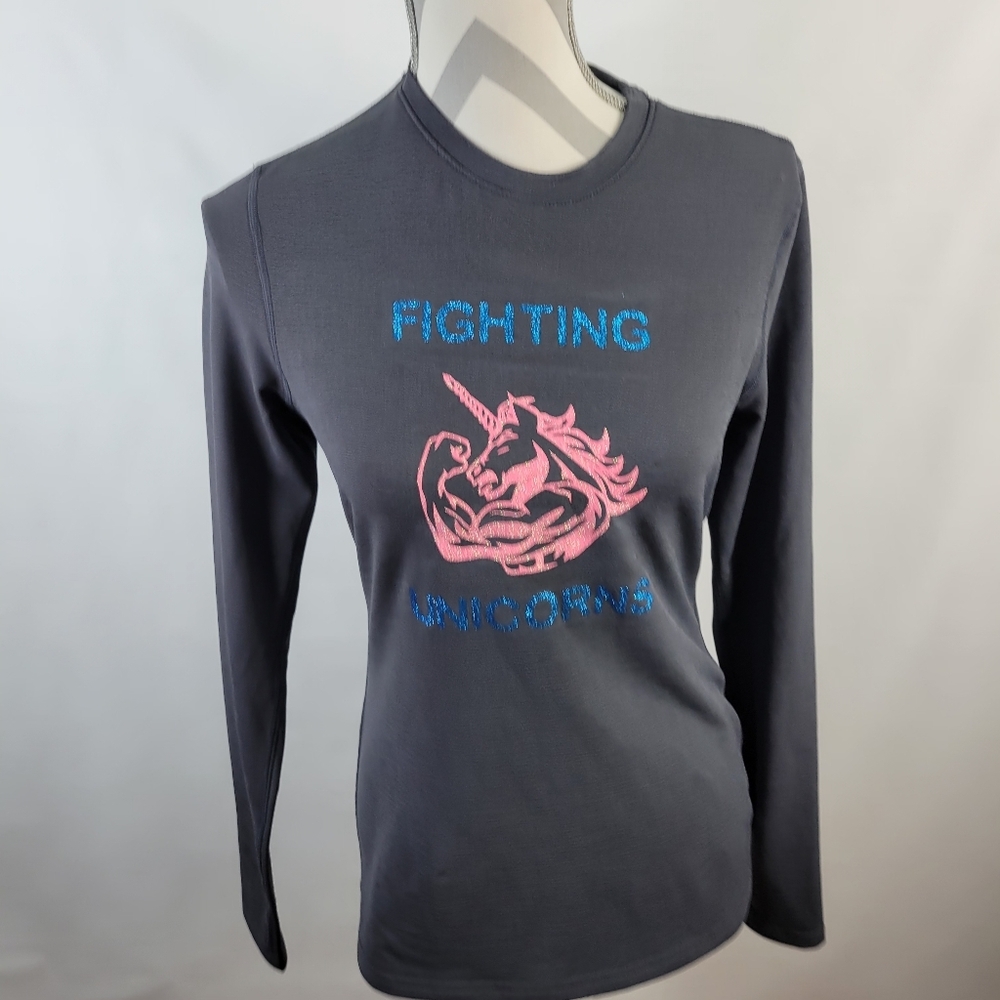 BCG Cold Weather Gray Long Sleeve Fighting Unicorns T Shirt Size Medium